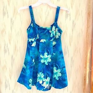 VTG Mainstream Women's Size 12 Tropical Floral One Piece Skirted Swimsuit Blue